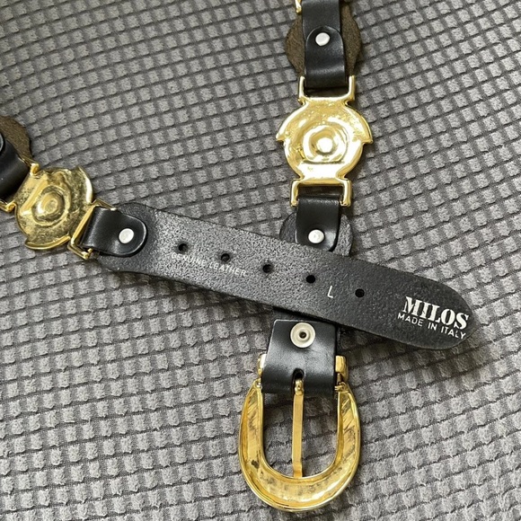 Vtg Milos Italy Black Leather Gold Hermes Head Greek God Medallion Belt LARGE - Picture 8 of 16